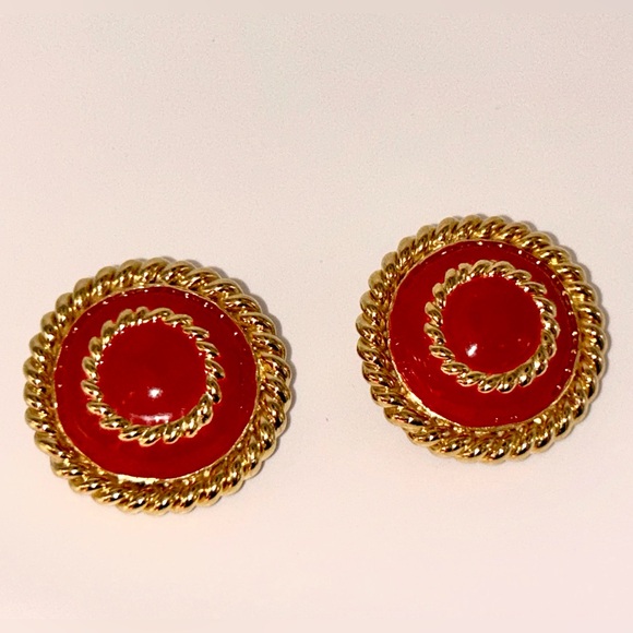Jewelry - Vintage Ciner Red Enamel Gold Tone Rope Clip-On Earrings